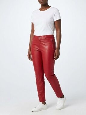 Escada Bright Red Leather Pants with Zip Detail
